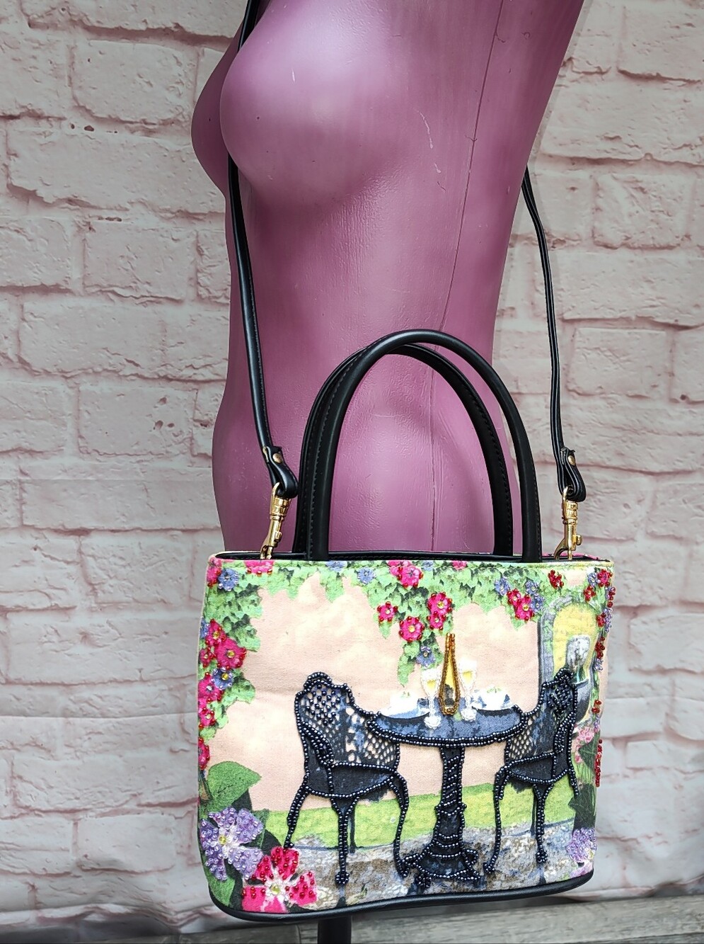 Bueno whimsical beaded vintage look Garden Scene, Small Purse Crossbody